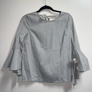 BCX Gray White Striped Ruffled Bell Sleeve Tied V-Back Straight Hem Top Size M